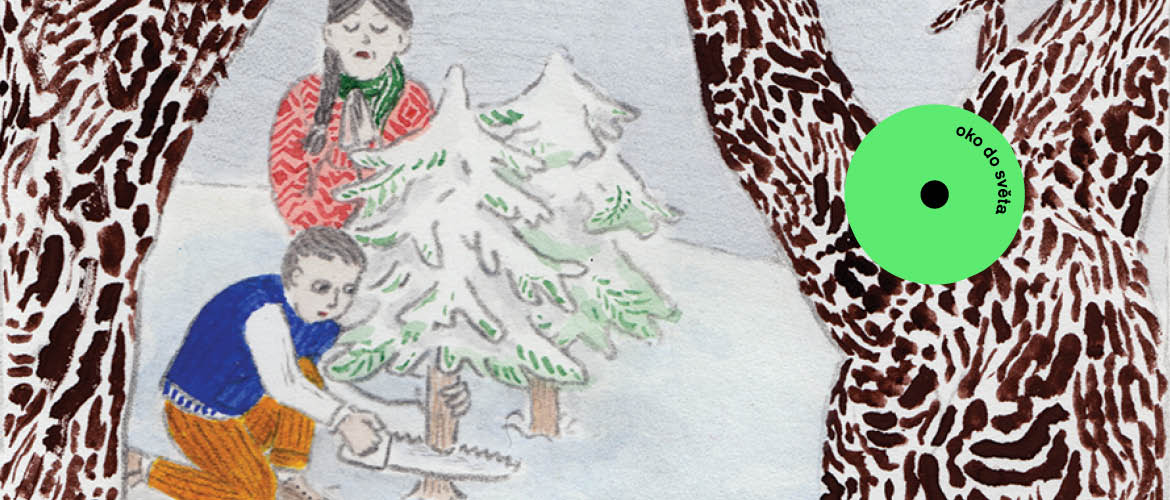 Ilustrace ke knize Povídání u povidel, dvě děti u zasněženého stromku.